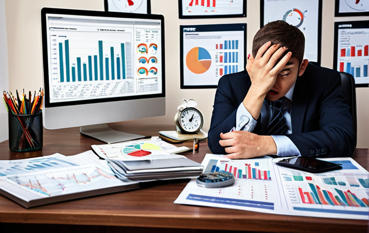 **

A person sitting at a desk covered in financial reports and charts, looking overwhelmed. A clock is prominently displayed, emphasizing the lack of time. Overlaid on the scene are blurred images of potential investments, symbolizing the confusion and difficulty in making decisions without clear goals. The overall tone should be stressful and chaotic.

**